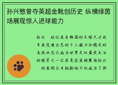 孙兴慜曾夺英超金靴创历史 纵横绿茵场展现惊人进球能力